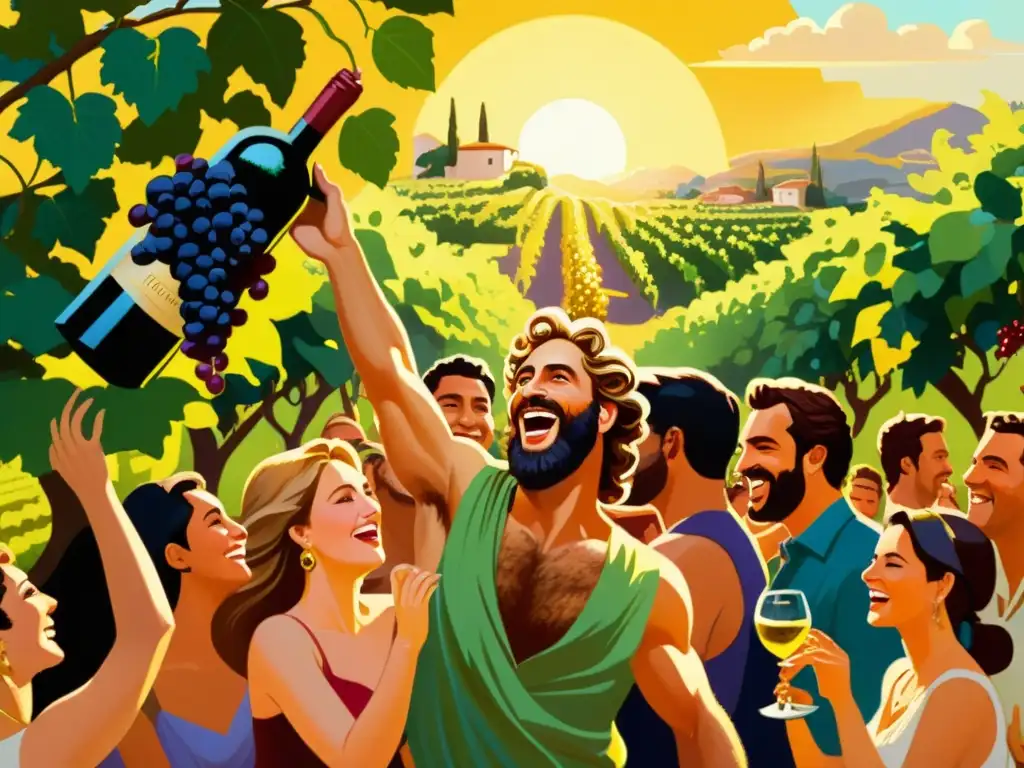 Una pintura vintage de Dionisio, dios griego del vino y el éxtasis, en un viñedo exuberante rodeado de celebrantes en una alegre celebración