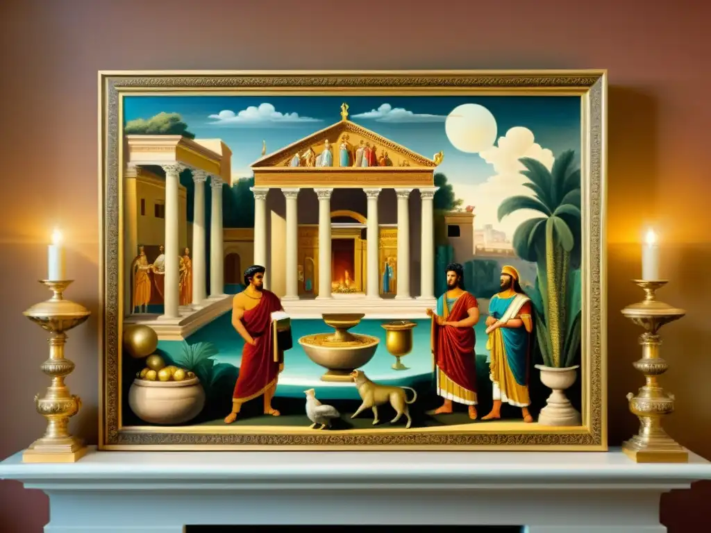 Una pintura vintage que representa a los dioses del hogar romano, los Lares y Penates, emanando protección y tranquilidad en un hogar opulento