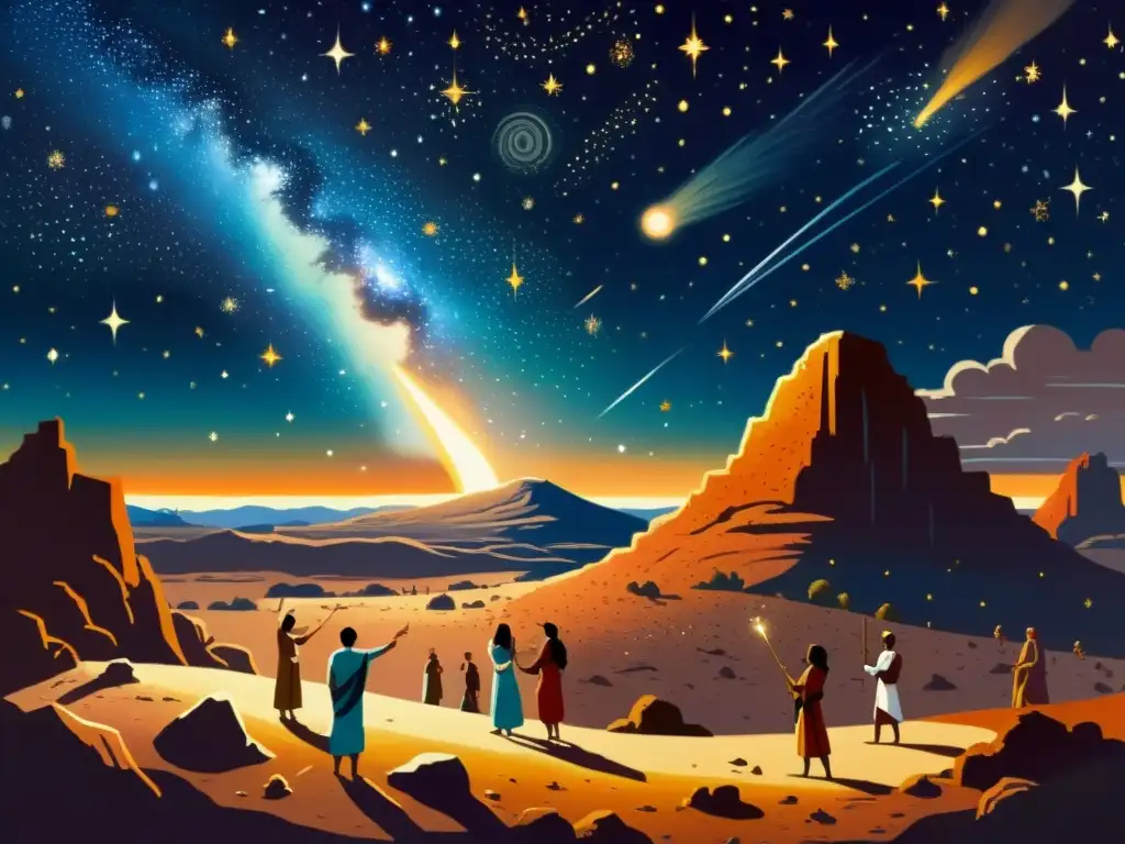 Pintura vintage de escena celestial con meteoritos y figuras mitológicas en reverente celebración