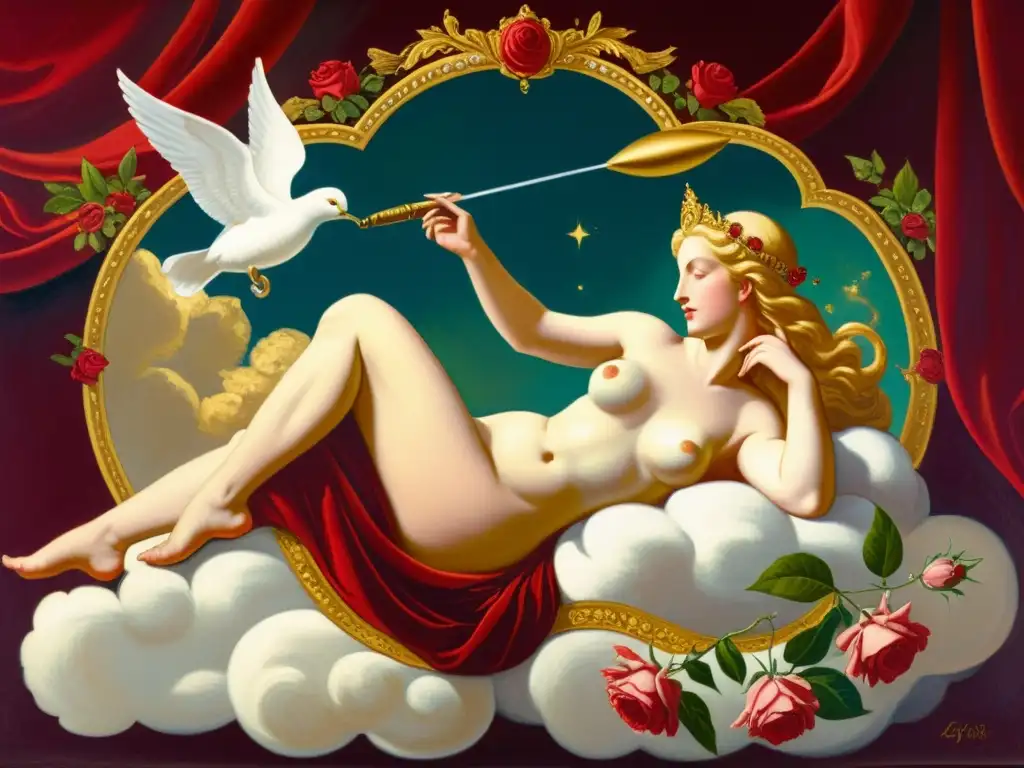 Una pintura vintage de Venus y Marte en una escena romántica y opulenta, rodeados de querubines y palomas