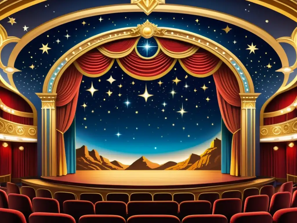 Una pintura vintage en 8k de un escenario teatral histórico con un fondo celestial, evocando escenografías astronómicas en teatro