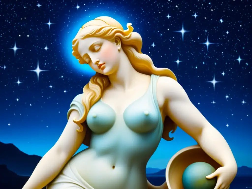 Una pintura vintage de Galatea, la estatua de la mitología, cobrando vida bajo un cielo estrellado