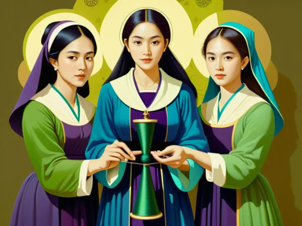 Hermanas tejedoras del destino: pasado, presente y futuro Una pintura vintage representa a tres hermanas tejedoras del destino, tiempo y futuro, en una escena mítica de las Moiras