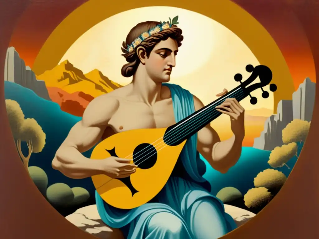 Una pintura vintage que muestra la historia mitológica de Orfeo tocando su lira, rodeado de música encantadora que cautiva el mundo natural