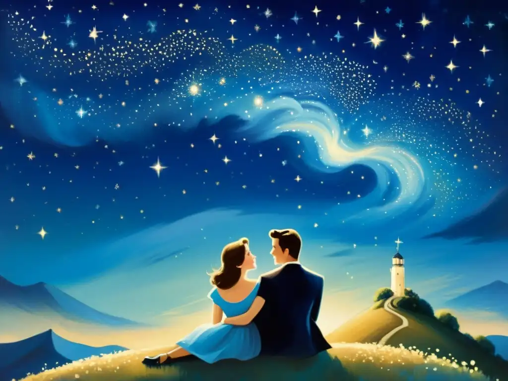 Una pintura vintage inspirada en una pareja contemplando las estrellas en la noche