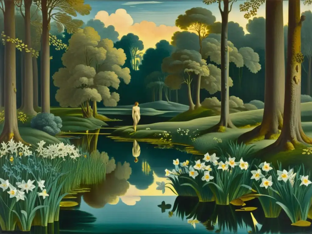 Una pintura vintage del mito de Eco y Narciso, con Eco lamentándose en el bosque mientras Narciso se absorbe en su propia belleza reflejada en el agua