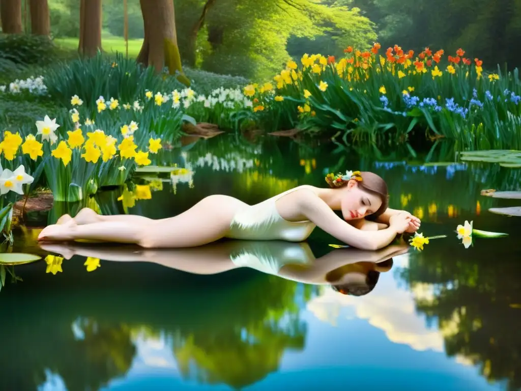 Pintura vintage del mito de Eco y Narciso, donde la hermosa ninfa Eco anhela a Narciso, quien se contempla en su reflejo