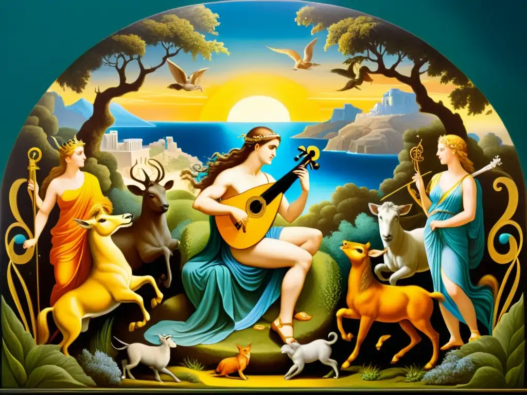 Una pintura vintage de Orfeo tocando su lira rodeado de criaturas míticas en una composición impresionante de historias mitológicas grandes