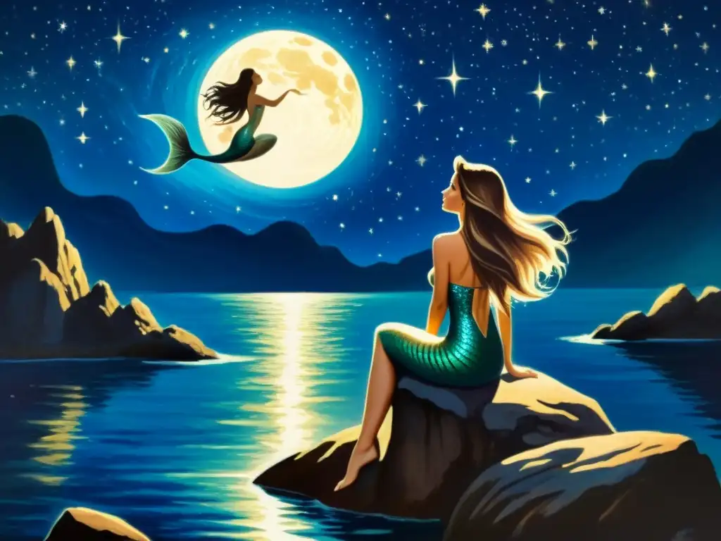 Una pintura vintage de una sirena majestuosa en un acantilado rocoso, su largo cabello fluyendo mientras contempla el cielo estrellado