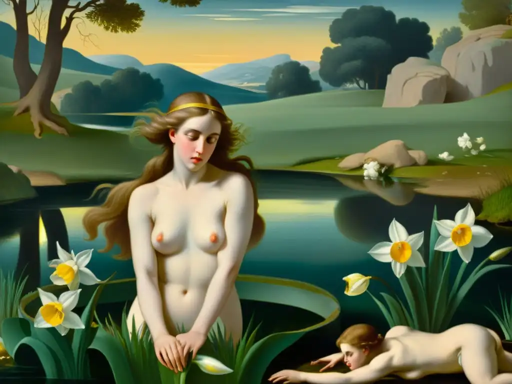 En la pintura vintage, la trágica historia del mito de Eco y Narciso cobra vida en un bosque sereno, con un palpable sentido de amor no correspondido