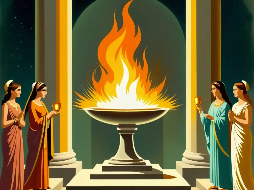 Pintura vintage de alta resolución de las Vestales realizando rituales sagrados ante la llama eterna en Roma, evocando misticismo y devoción