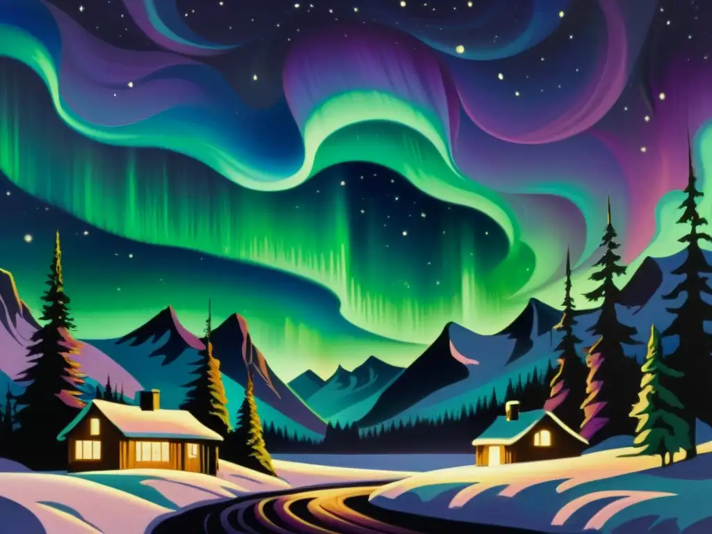 Una pintura vintage vibrante de la aurora boreal, con colores verdes, morados y azules en un espectáculo hipnótico