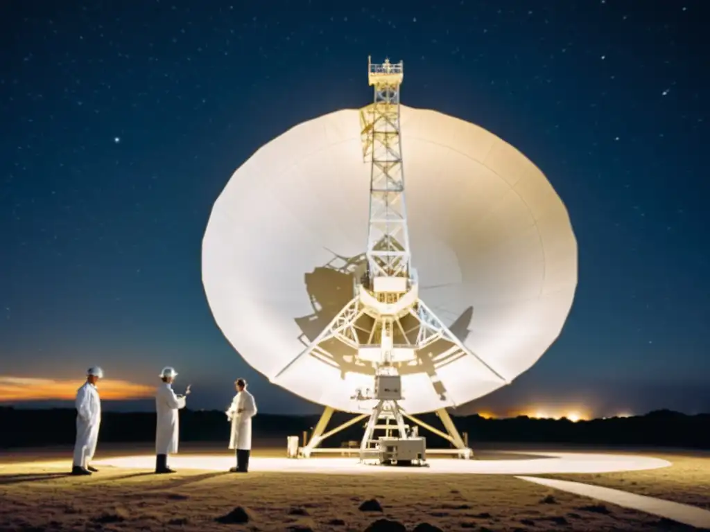 Pioneros de la astronomía ajustando un radiotelescopio en los 50