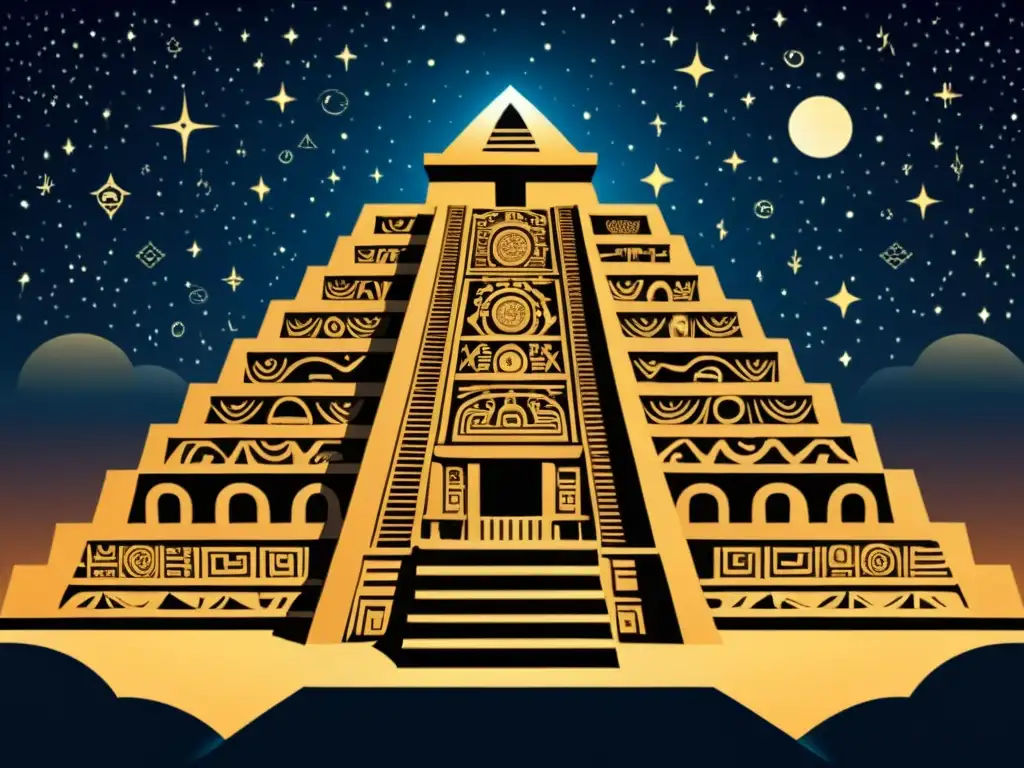 Una ilustración vintage de una pirámide maya con intrincados grabados y símbolos astronómicos, en una noche estrellada