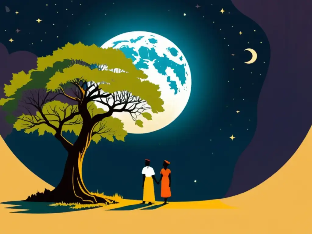 Ilustración vintage de Piramo y Tisbe bajo un moral, con la luz de la luna creando una atmósfera de tragedia y amor antiguo