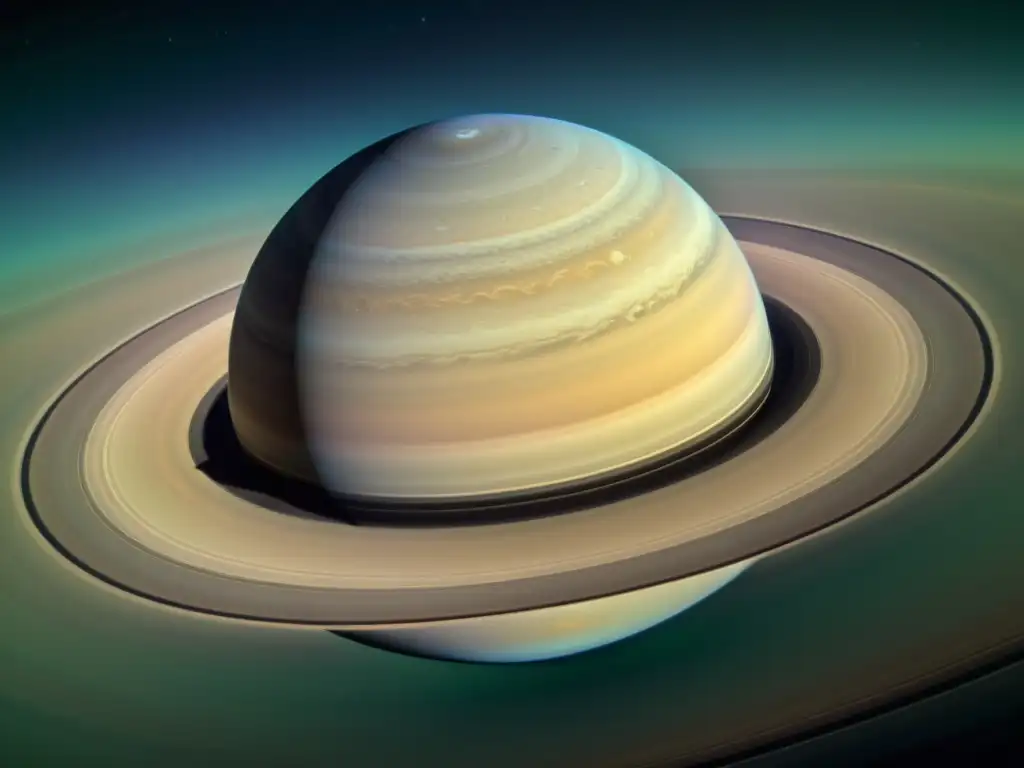 Una fotografía planetaria de alta resolución que muestra Saturno con sus anillos en detalle, destacando sus colores pastel y atmósfera nostálgica