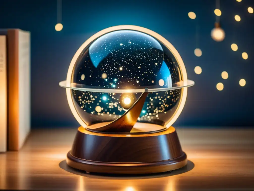 Planetario casero: esfera celestial brillante en base de madera pulida Un planetario casero iluminado, con esfera celeste suspendida en una cúpula de vidrio sobre base de madera