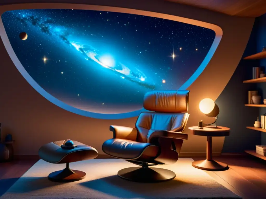 Montar planetario personal realidad virtual en una acogedora sala vintage con silla clásica y atmósfera relajante de estrellas en el techo