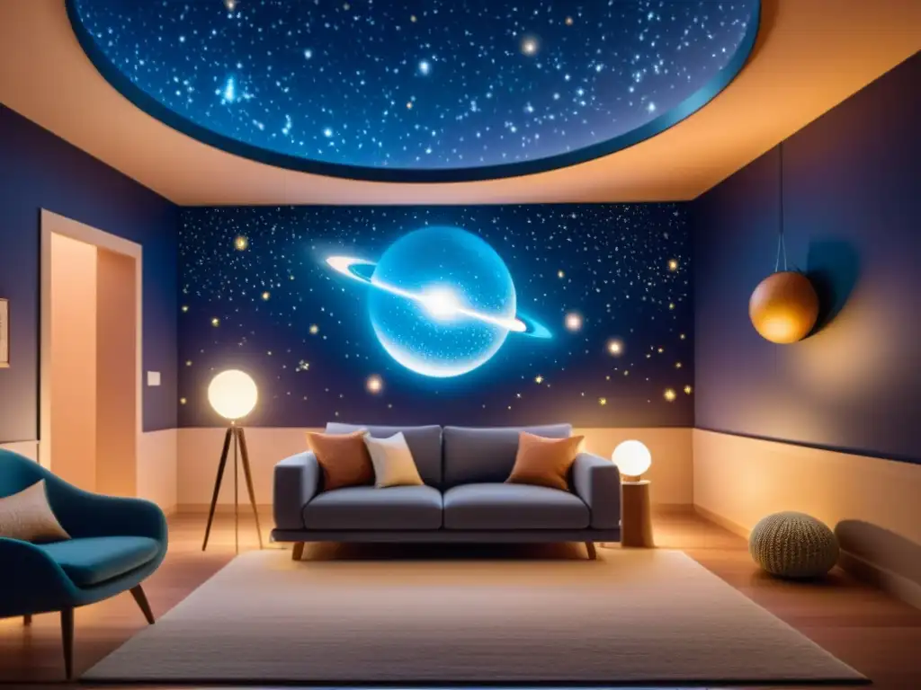 Montar planetario personal realidad virtual en acogedor salón vintage, con ambiente mágico de observación estelar y comodidad