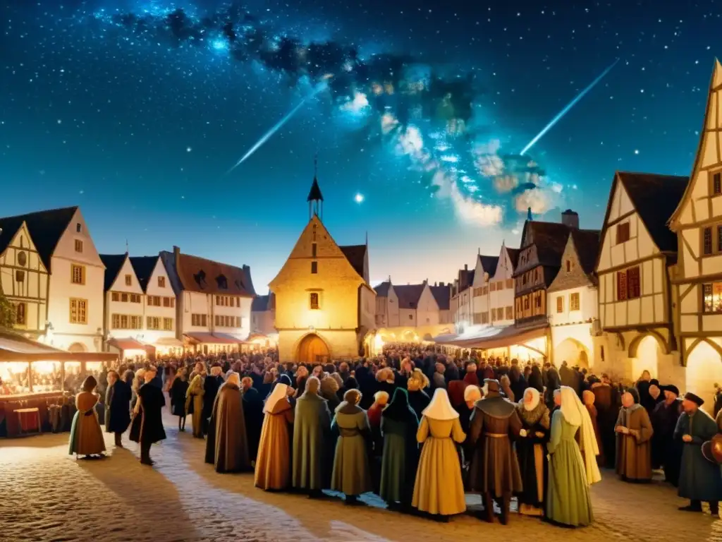 Plaza medieval llena de gente mirando un cometa brillante en el cielo nocturno, evocando presagios históricos cometa Halley