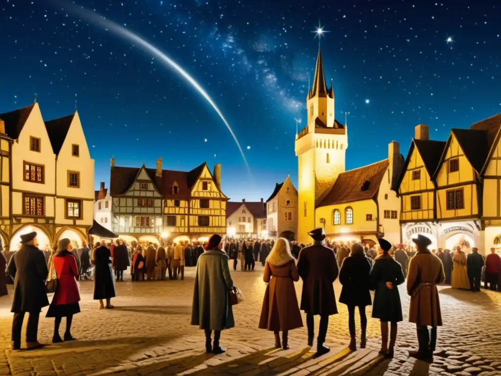 Una plaza medieval llena de gente señalando hacia el cielo nocturno, donde un cometa con una larga y brillante cola surca las estrellas