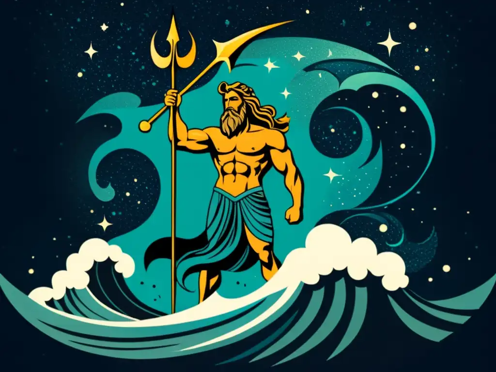 Poderosa ilustración vintage de Poseidón en el mar tormentoso, rodeado de estrellas