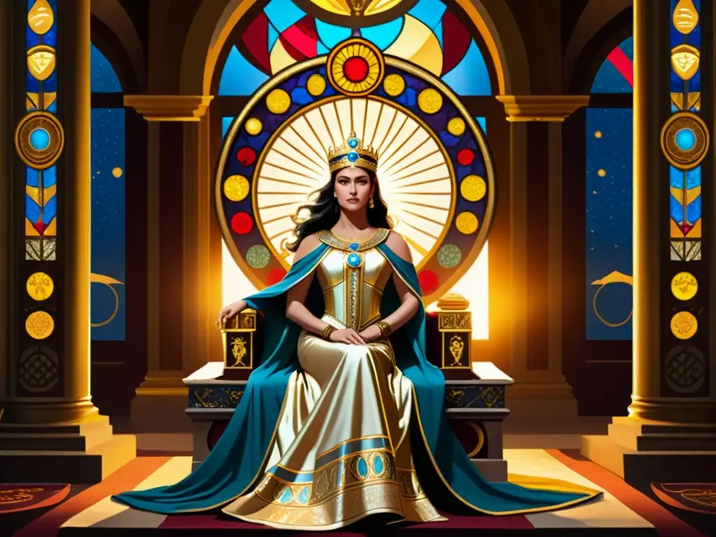 La poderosa Hera, reina de los dioses, en un trono majestuoso, rodeada de símbolos de su divinidad