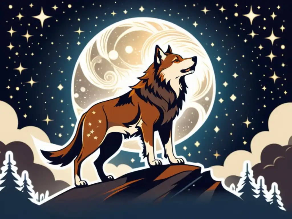 Un poderoso Lobo Fenrir en una ilustración detallada, con la constelación Lupus en el fondo, evocando misterio y poder cósmico