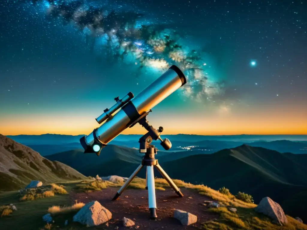 Un poderoso telescopio vintage en la cima de una montaña observa las Estructuras más grandes del Universo entre estrellas y galaxias, evocando asombro y descubrimiento