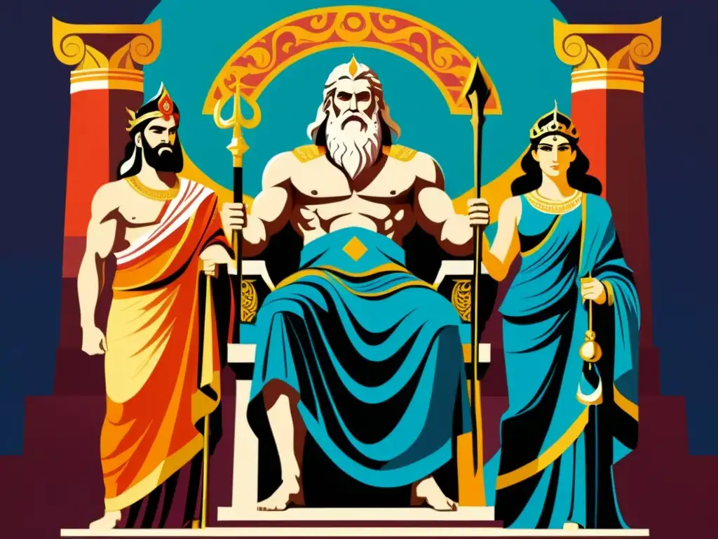 Tres poderosos dioses griegos, Zeus, Poseidón y Hades, en una ilustración vintage en el monte Olimpo