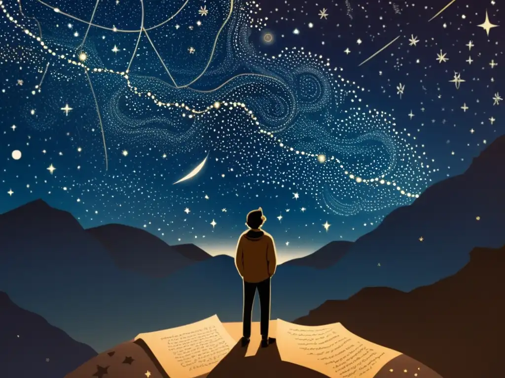 Un poeta contempla el cielo nocturno entre constelaciones, en una ilustración vintage