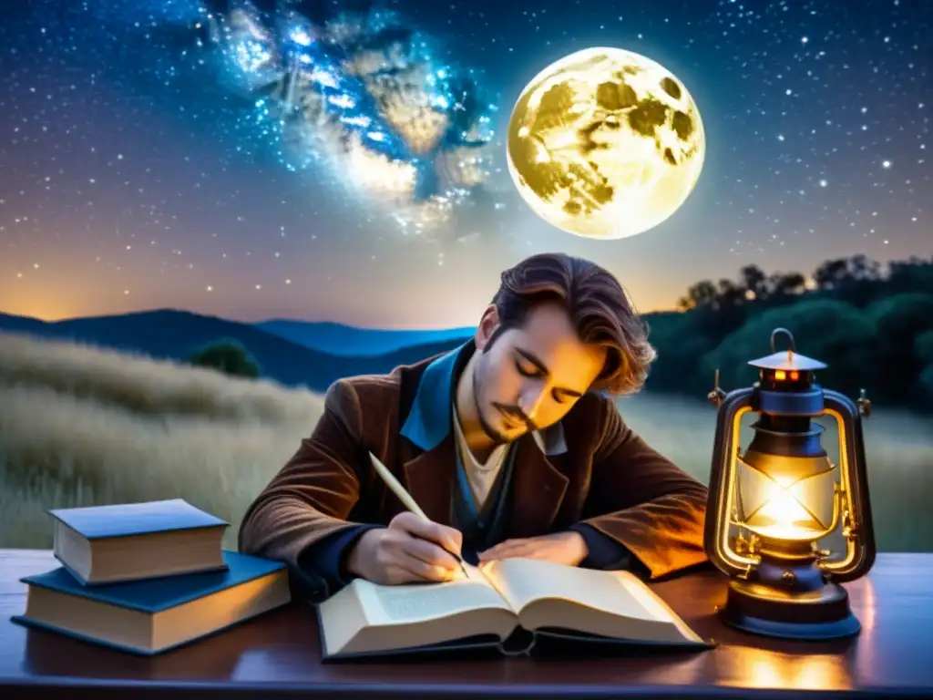 Un poeta inspirado escribe bajo un cielo estrellado, rodeado de instrumentos astronómicos y libros antiguos