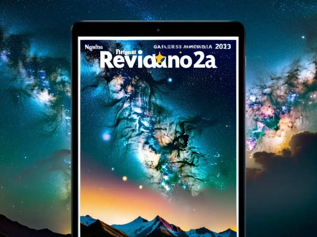 Portada vintage de revista digital de astronomía 2023 con asombrosa imagen detallada del cielo nocturno, invitando a descubrir el universo