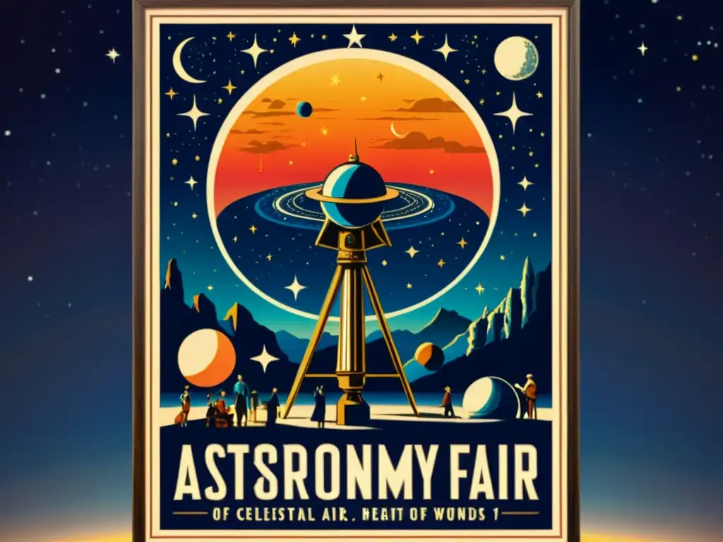 Poster antiguo de feria astronómica con ilustraciones detalladas de cuerpos celestes y multitud admirando el cielo nocturno