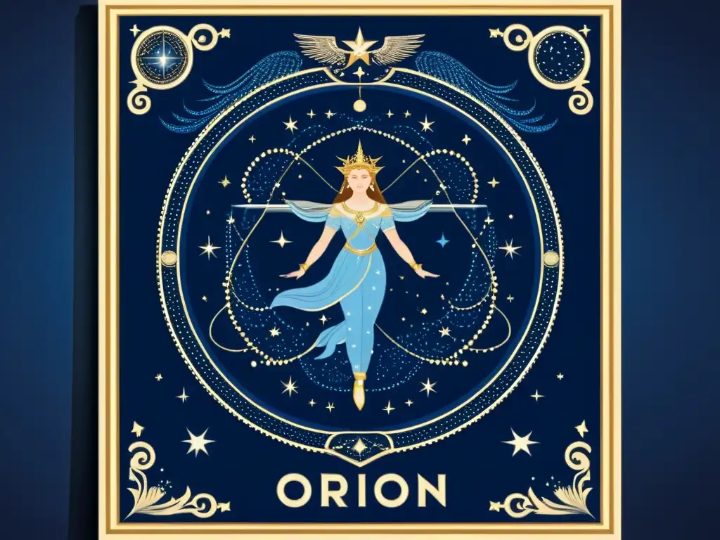 Póster astronómico de la constelación de Orión en estilo vintage, con detalles intrincados y fondo azul nocturno