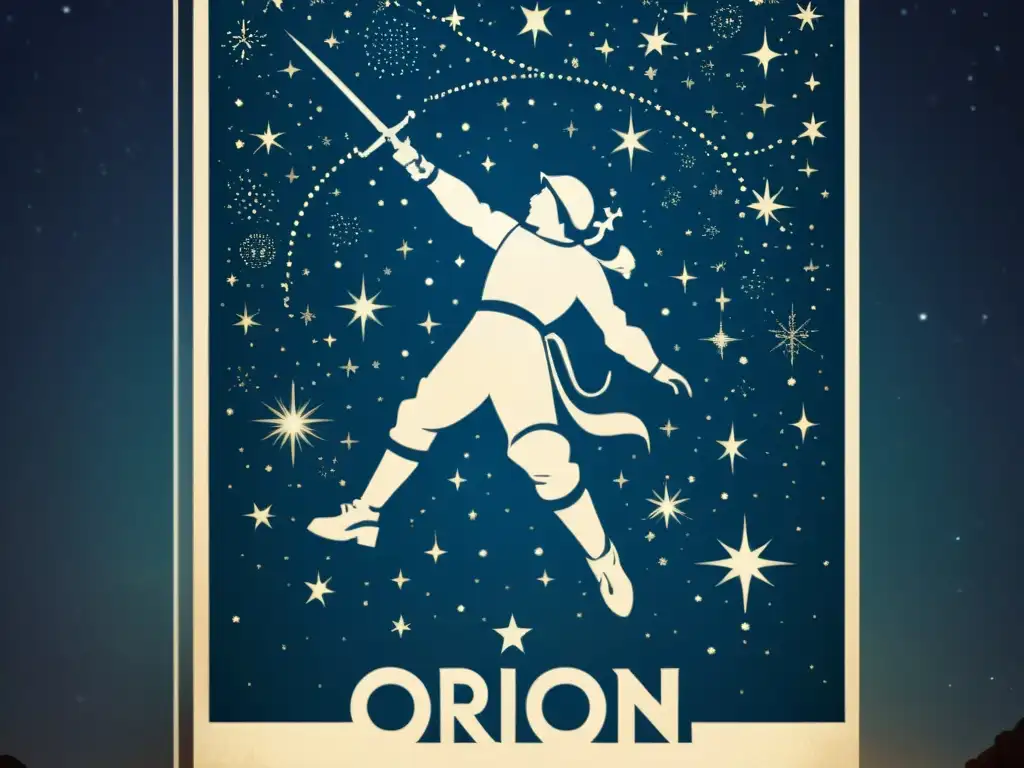 Póster astronómico vintage de la constelación de Orión, con ilustraciones detalladas y un encanto nostálgico de constelaciones famosas