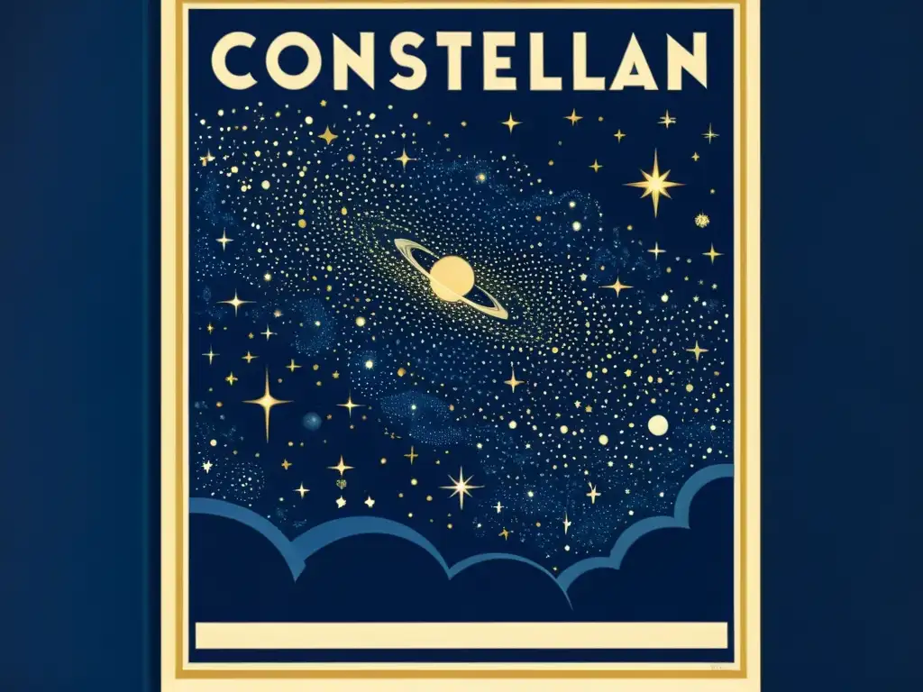 Poster cinematográfico vintage con representaciones de constelaciones en el cine, en tonos de azul y oro, capturando la fascinante belleza del cosmos