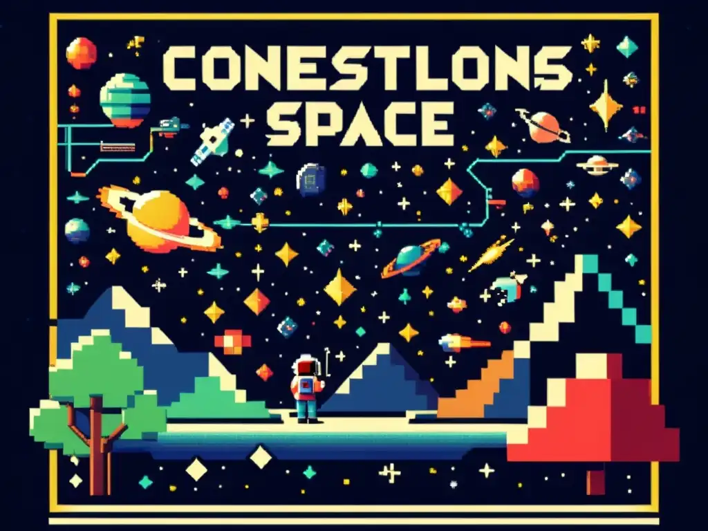 Un póster de videojuego vintage con exploración virtual de constelaciones, personajes icónicos y una estética pixelada retro