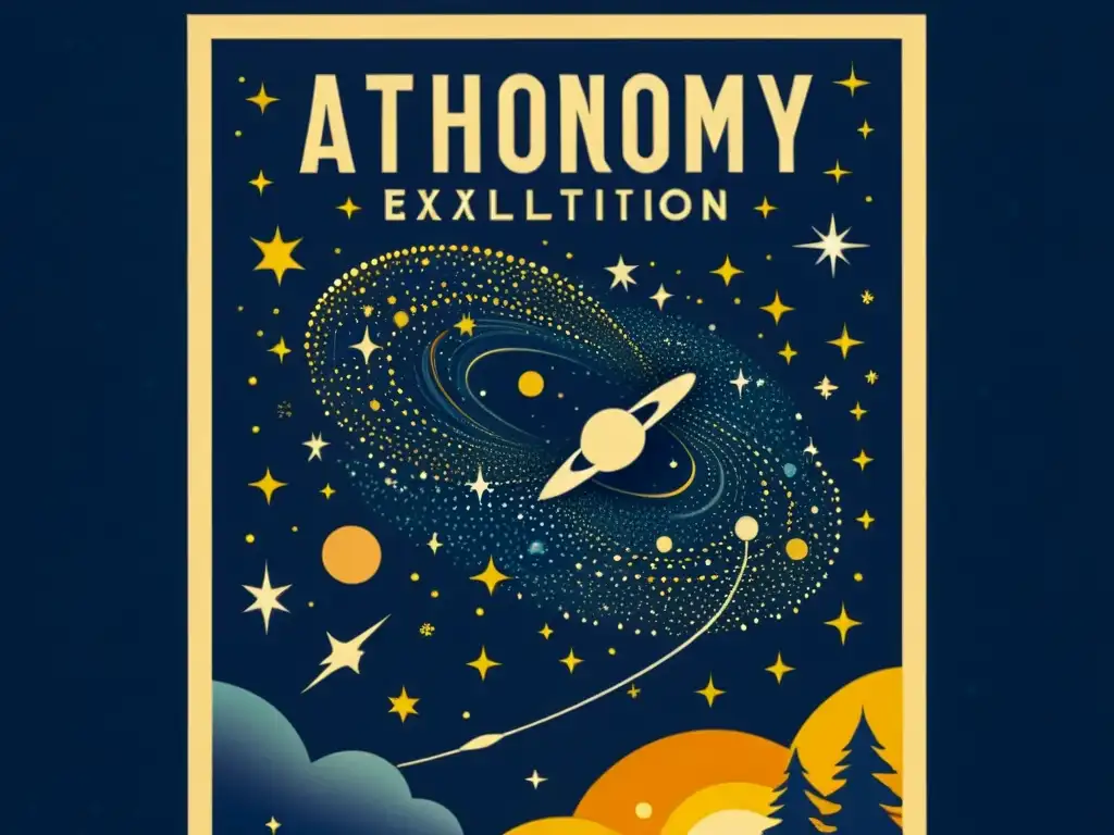 Un póster vintage de exposición de astronomía impresionante con ilustración detallada del cielo nocturno y texto elegante