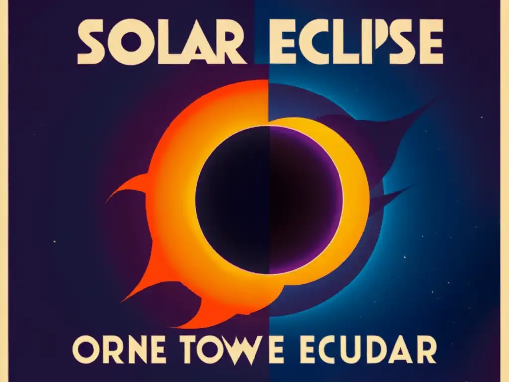 Un póster vintage de cine muestra un eclipse solar dramático con colores ricos y profundos, creando un sentido de misterio y maravilla