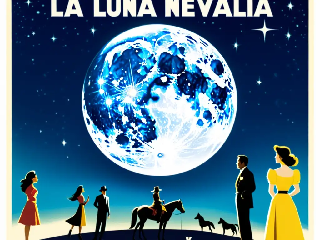 Un poster vintage de cine con una escena nocturna dramática bajo la luz de la luna llena, creando una atmósfera misteriosa y encantadora