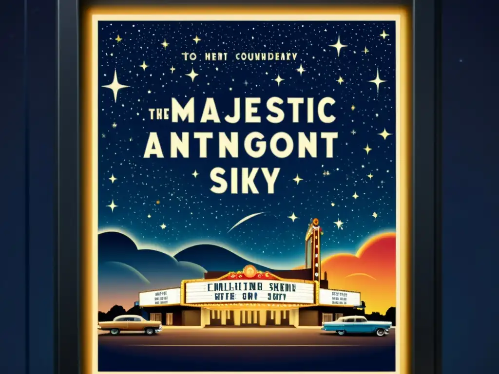 Un póster vintage de cine con un majestuoso cielo estrellado y una prominente constelación, frente a un clásico letrero de cine