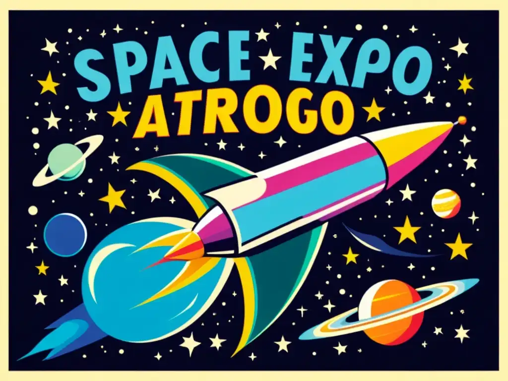 Un póster vintage promocionando una expo espacial con una nave retro surcando un cielo estrellado rodeado de planetas y lunas