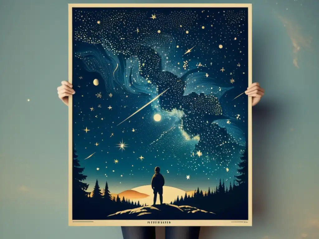 Poster vintage de noche estrellada con constelaciones en papel envejecido