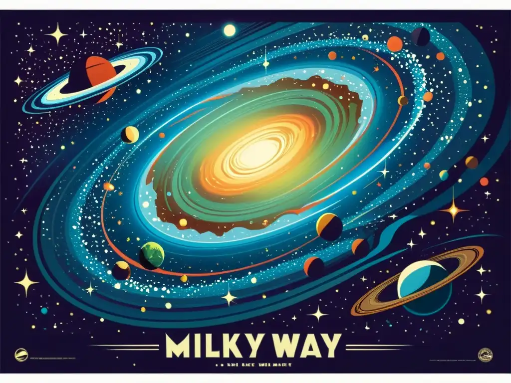 Cartel vintage de la Vía Láctea: belleza cósmica Un póster vintage de película sobre la Vía Láctea con la belleza cósmica de la galaxia en colores vibrantes y estrellas