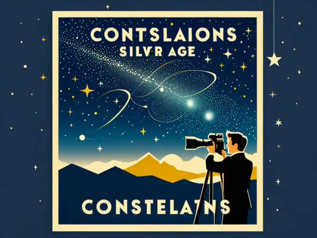 Poster vintage de película con cámara capturando constelaciones en el cielo estrellado