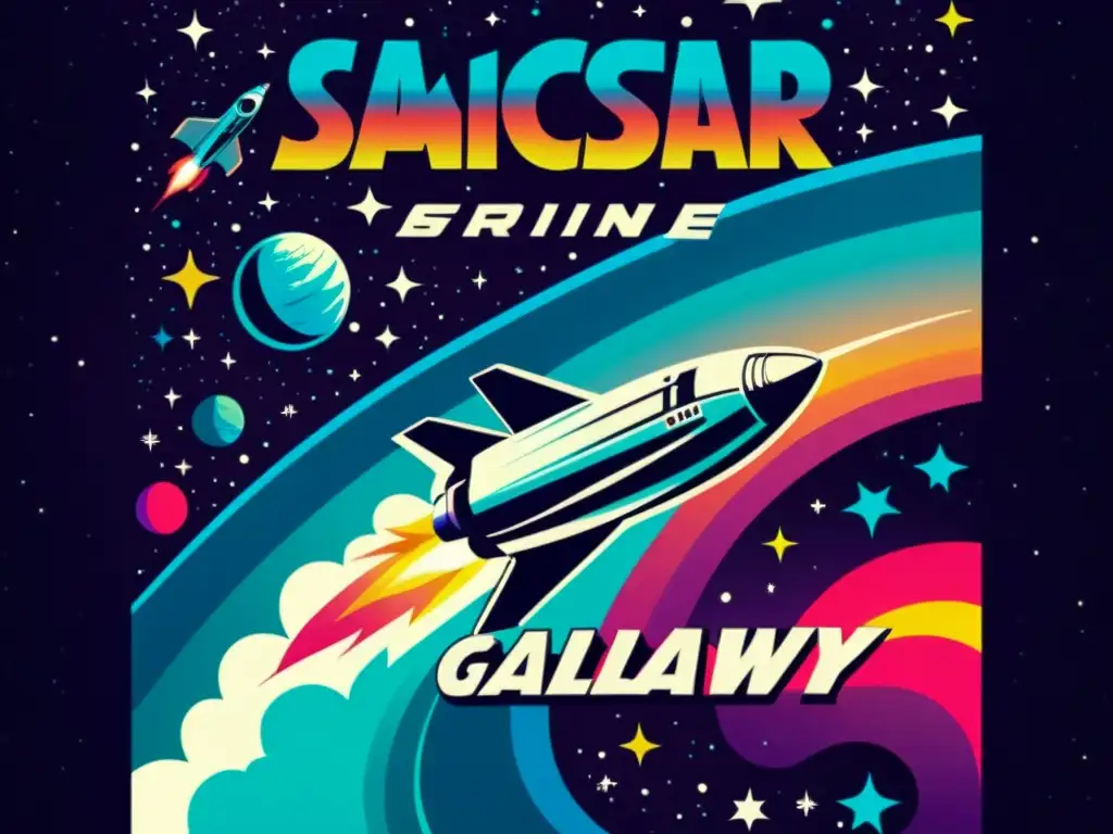 Viaje Estelar: Nave Espacial a Través de la Vía Láctea Un póster vintage de película muestra una nave espacial surcando la Vía Láctea con colores vibrantes y una sensación de asombro y aventura