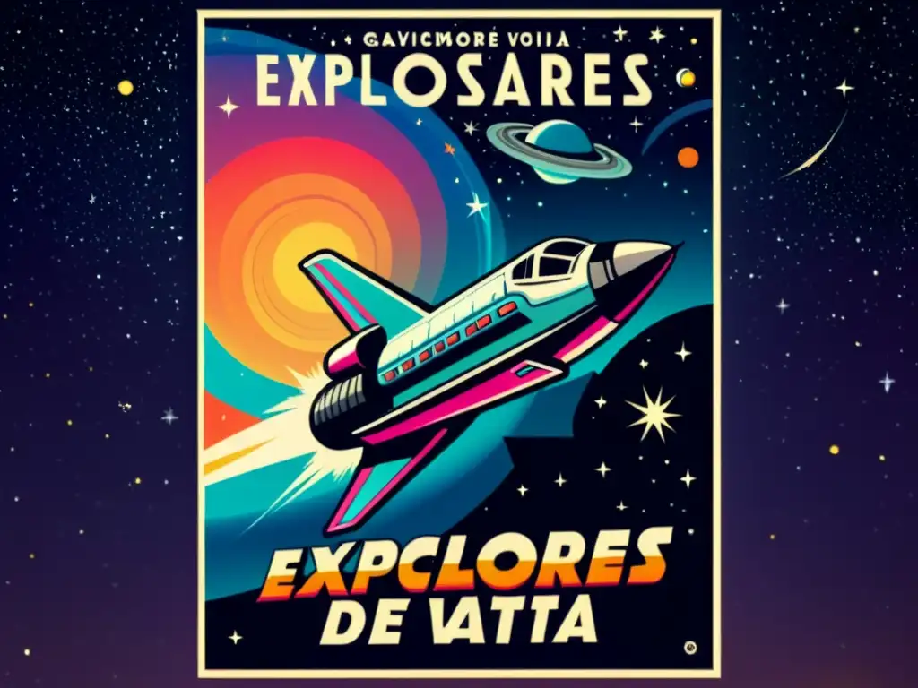Exploradores de la Vía Láctea: Aventura Espacial Vintage Un póster vintage de película con una nave espacial surcando la Vía Láctea, evocando aventura y exploración en Películas sobre la Vía Láctea