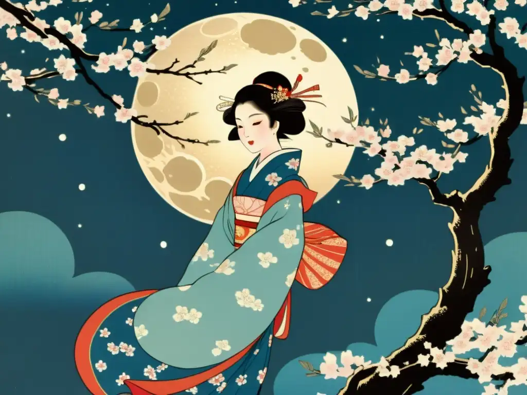 Kaguyahime, Princesa de la Luna, desciende entre cerezos en flor en un grabado japonés vintage