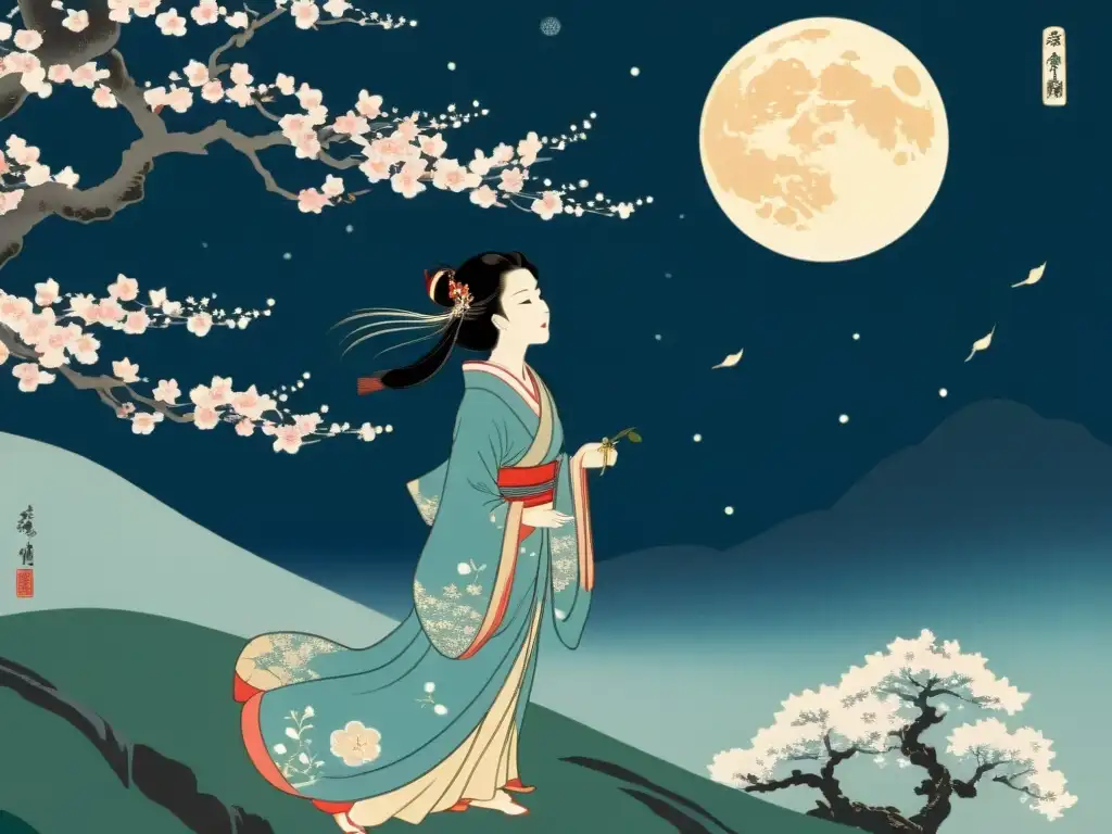 Princesa de la Luna mitología japonesa, retrato de Kaguyahime entre cerezos en flor bajo la luz lunar